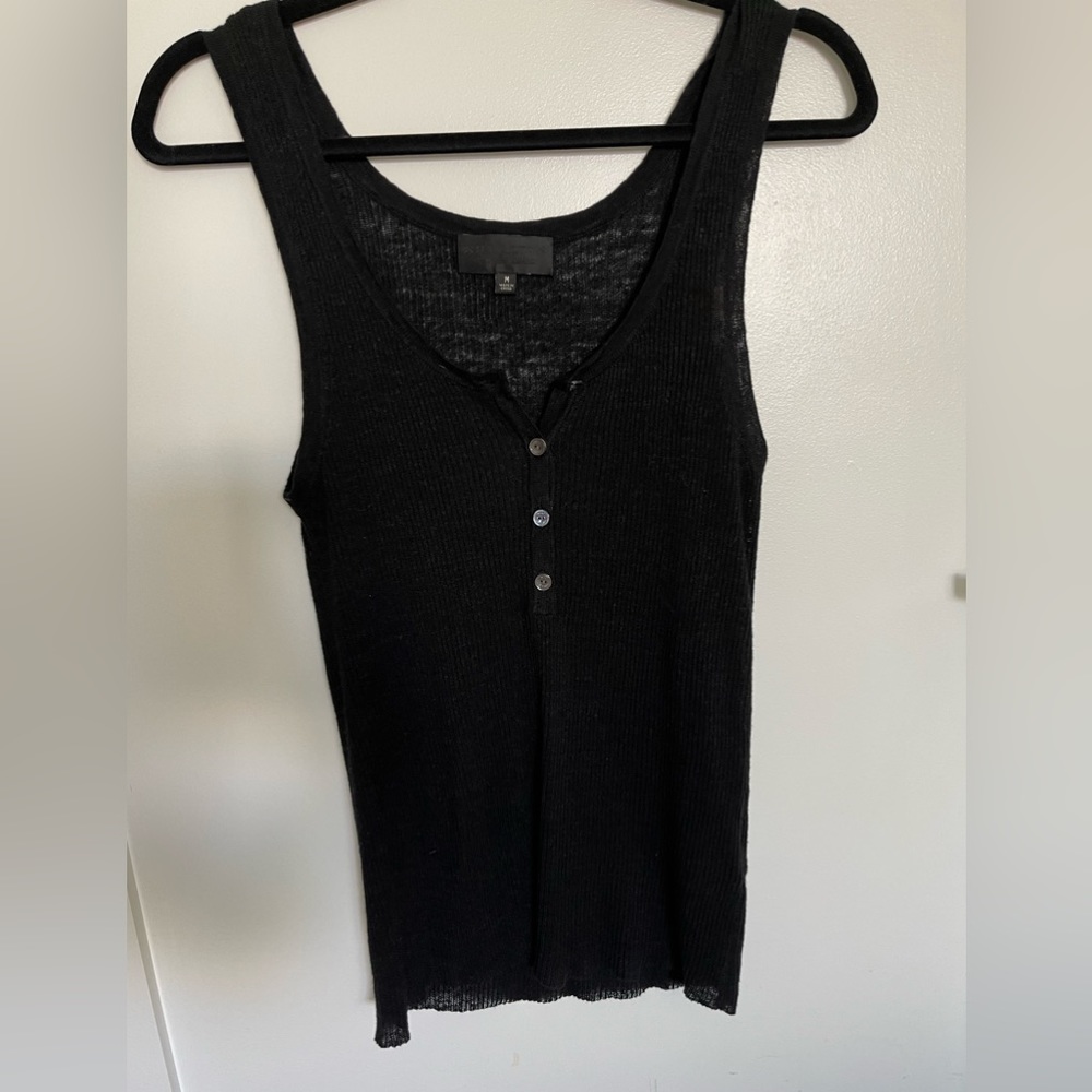 Nili Lotan Black Ribbed Linen Tank Top Button Front Size M Designer Basic
